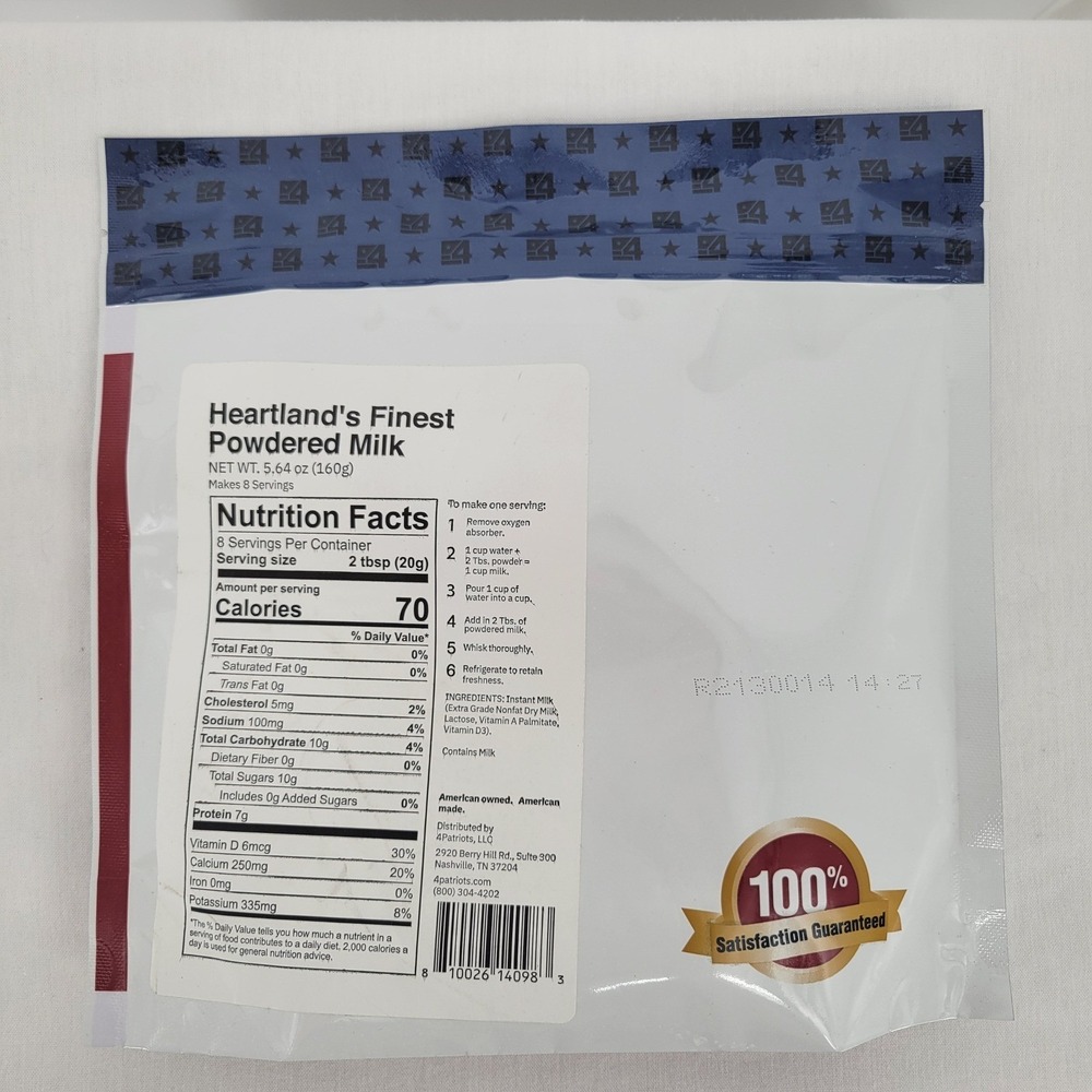 4Patriots Heartland's Finest Powdered Milk 8 Servings - 25 Year Shelf Life
